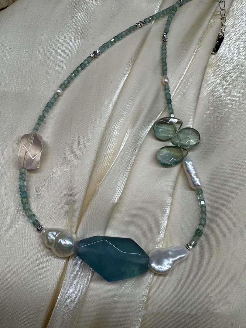 #PN616 [Pearl Necklace] Freshwater Pearl & Crystal Necklace | Apatite Mini Square | Big Aquamarine Faceted Freeform | Gourd Baroque Pearl | Rose Quartz Faceted| Fluorite Waterdrop