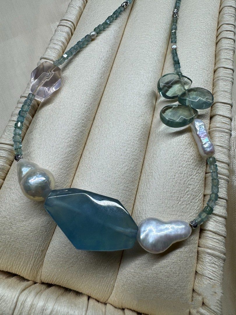 #PN616 [Pearl Necklace] Freshwater Pearl & Crystal Necklace | Apatite Mini Square | Big Aquamarine Faceted Freeform | Gourd Baroque Pearl | Rose Quartz Faceted| Fluorite Waterdrop
