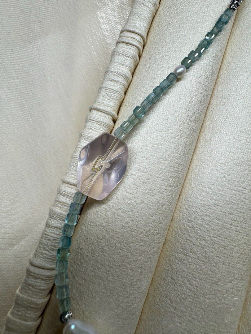 #PN616 [Pearl Necklace] Freshwater Pearl & Crystal Necklace | Apatite Mini Square | Big Aquamarine Faceted Freeform | Gourd Baroque Pearl | Rose Quartz Faceted| Fluorite Waterdrop