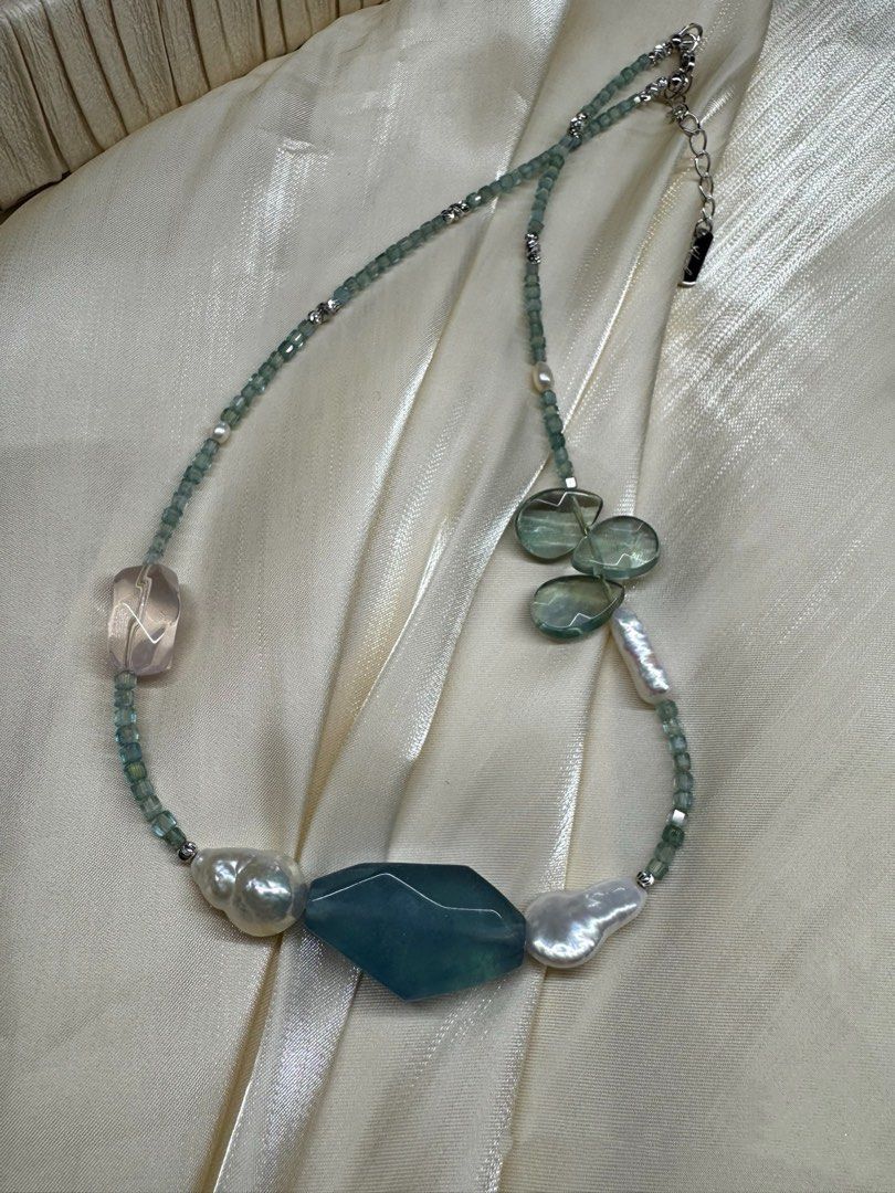 #PN616 [Pearl Necklace] Freshwater Pearl & Crystal Necklace | Apatite Mini Square | Big Aquamarine Faceted Freeform | Gourd Baroque Pearl | Rose Quartz Faceted| Fluorite Waterdrop