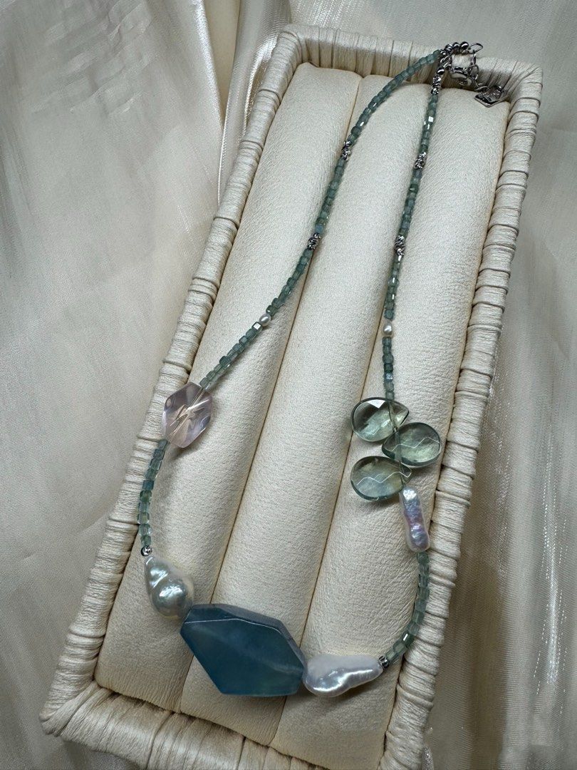#PN616 [Pearl Necklace] Freshwater Pearl & Crystal Necklace | Apatite Mini Square | Big Aquamarine Faceted Freeform | Gourd Baroque Pearl | Rose Quartz Faceted| Fluorite Waterdrop