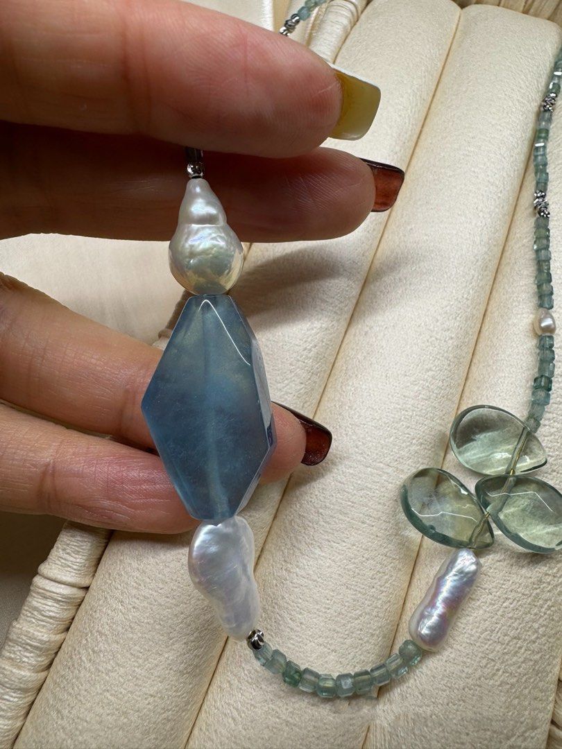 #PN616 [Pearl Necklace] Freshwater Pearl & Crystal Necklace | Apatite Mini Square | Big Aquamarine Faceted Freeform | Gourd Baroque Pearl | Rose Quartz Faceted| Fluorite Waterdrop