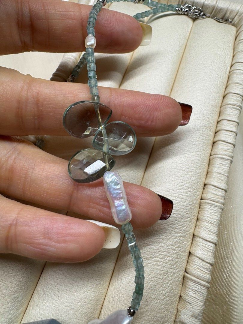 #PN616 [Pearl Necklace] Freshwater Pearl & Crystal Necklace | Apatite Mini Square | Big Aquamarine Faceted Freeform | Gourd Baroque Pearl | Rose Quartz Faceted| Fluorite Waterdrop