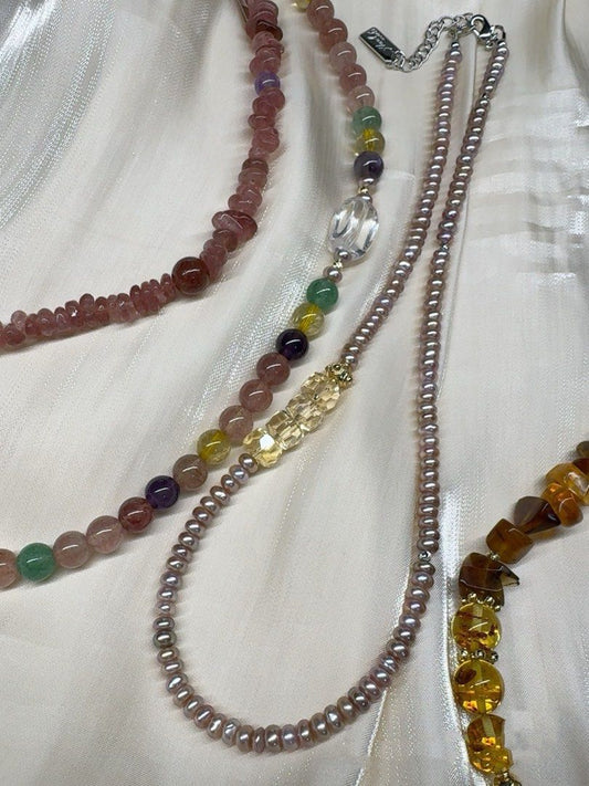 #PN618 [Pearl Necklace] Freshwater Pearl Necklace | Minimalist | Stacked Purple Baby Baroque Pearl | High Clarity Faceted Citrine Square | Superb Lustre| High Quality 40+5cm