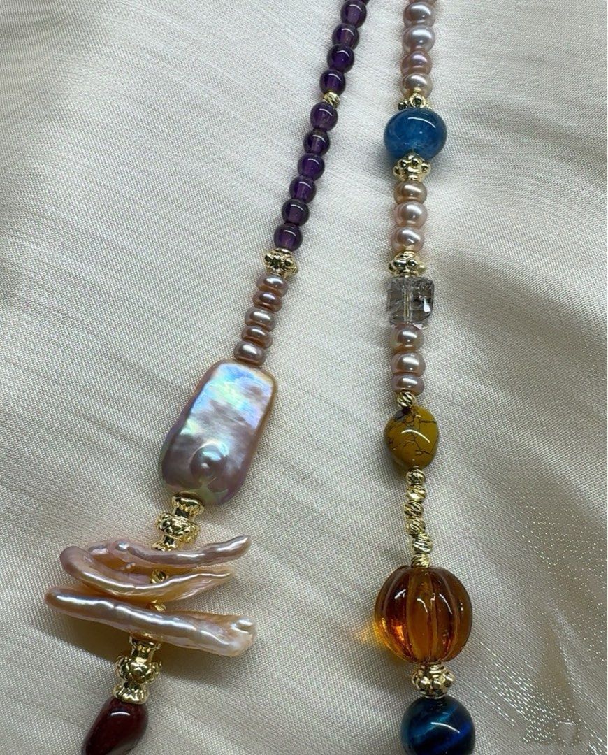 #PN621 Freshwater Pearl & Crystal Necklace |High-quality Amethyst Cube| Faceted Citrine Cube| Champagne Coin Pearl| Ocean Jasper Freeform | Big Golden Amber Freeform