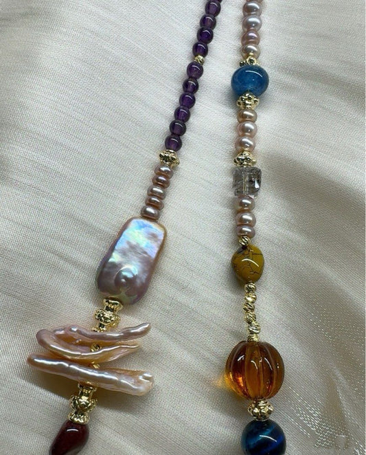 #PN621 Freshwater Pearl & Crystal Necklace |High-quality Amethyst Cube| Faceted Citrine Cube| Champagne Coin Pearl| Ocean Jasper Freeform | Big Golden Amber Freeform