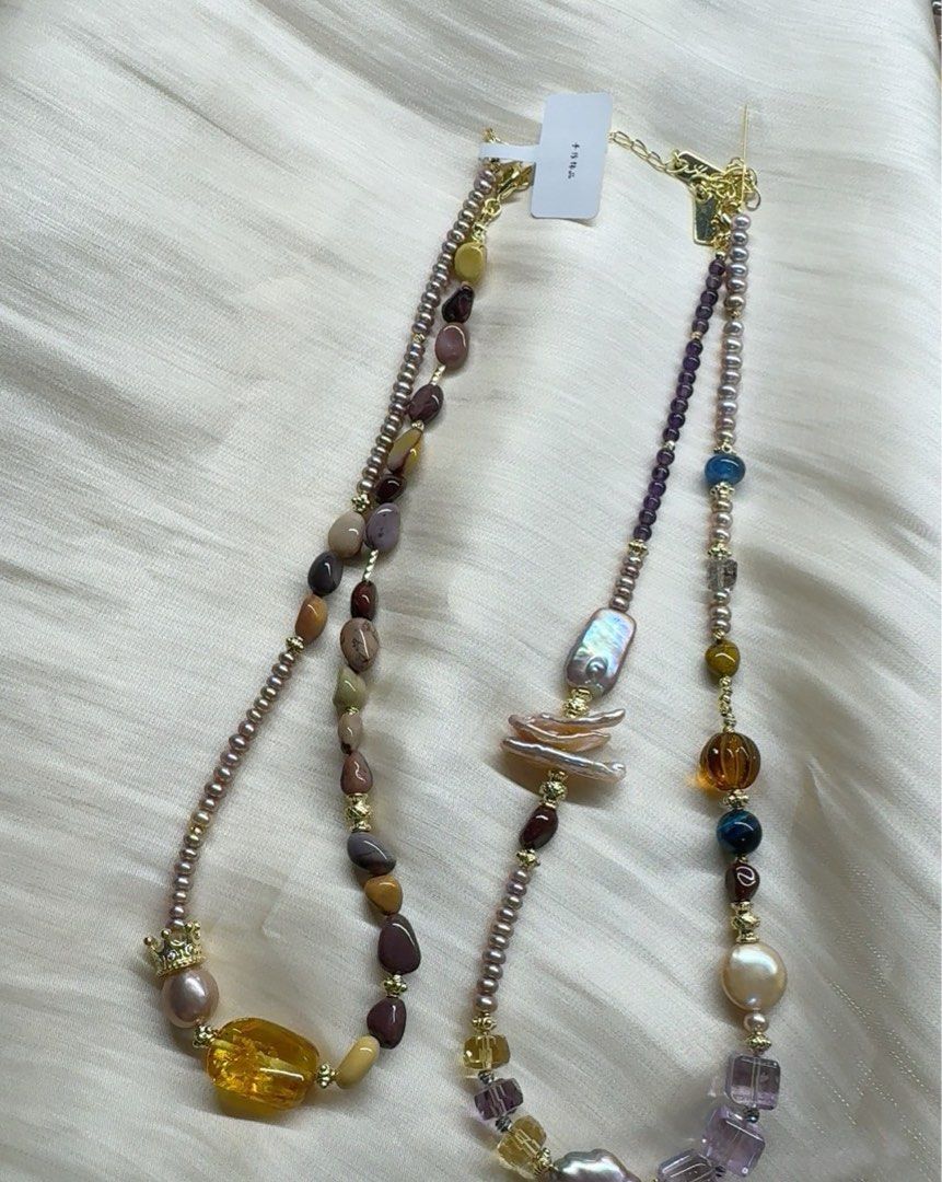 #PN621 Freshwater Pearl & Crystal Necklace |High-quality Amethyst Cube| Faceted Citrine Cube| Champagne Coin Pearl| Ocean Jasper Freeform | Big Golden Amber Freeform