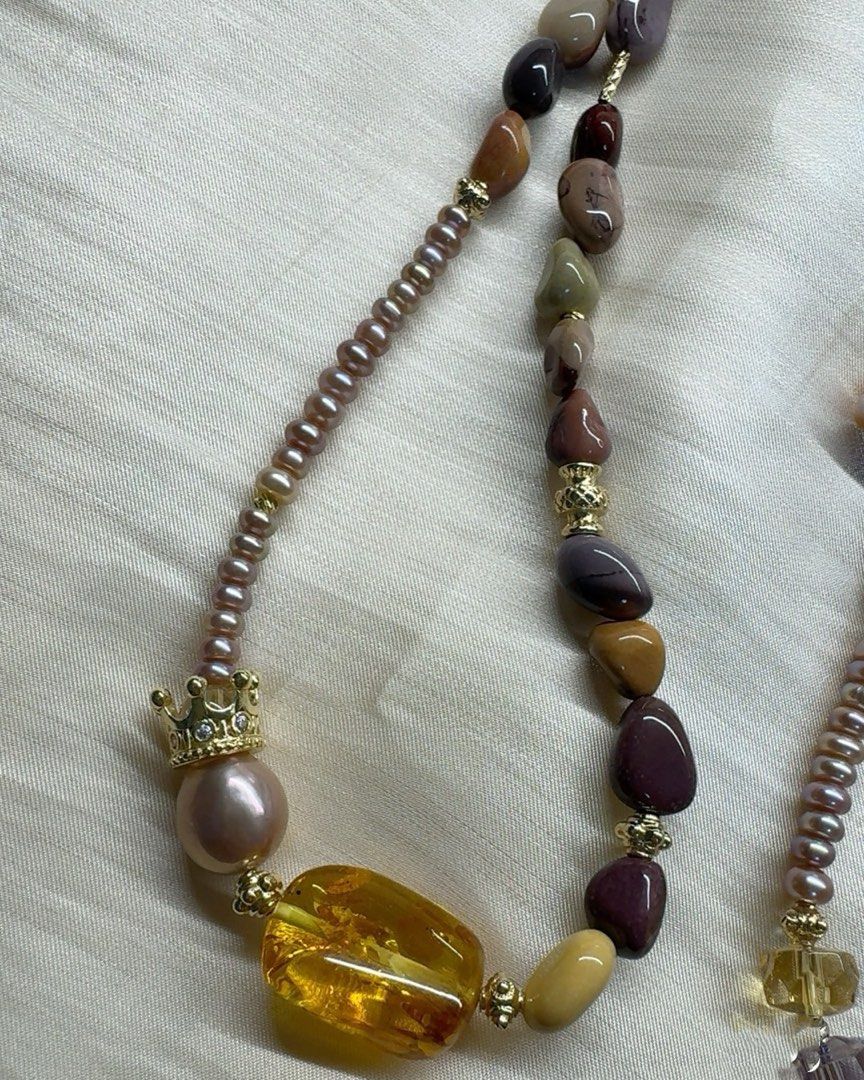 #PN621 Freshwater Pearl & Crystal Necklace |High-quality Amethyst Cube| Faceted Citrine Cube| Champagne Coin Pearl| Ocean Jasper Freeform | Big Golden Amber Freeform