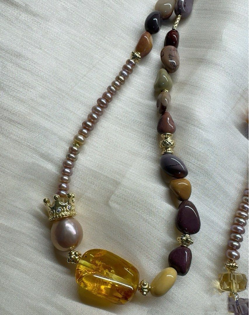 #PN621 Freshwater Pearl & Crystal Necklace |High-quality Amethyst Cube| Faceted Citrine Cube| Champagne Coin Pearl| Ocean Jasper Freeform | Big Golden Amber Freeform