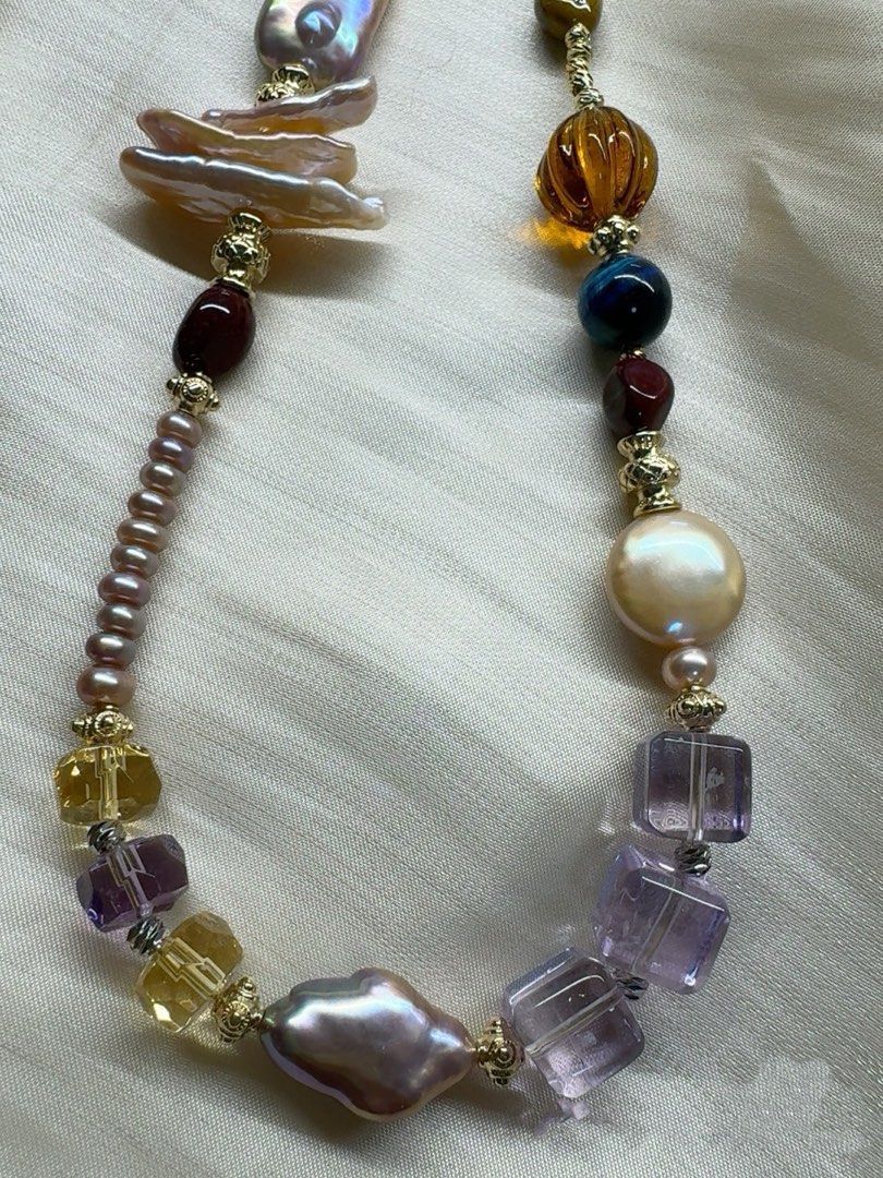 #PN621 Freshwater Pearl & Crystal Necklace |High-quality Amethyst Cube| Faceted Citrine Cube| Champagne Coin Pearl| Ocean Jasper Freeform | Big Golden Amber Freeform