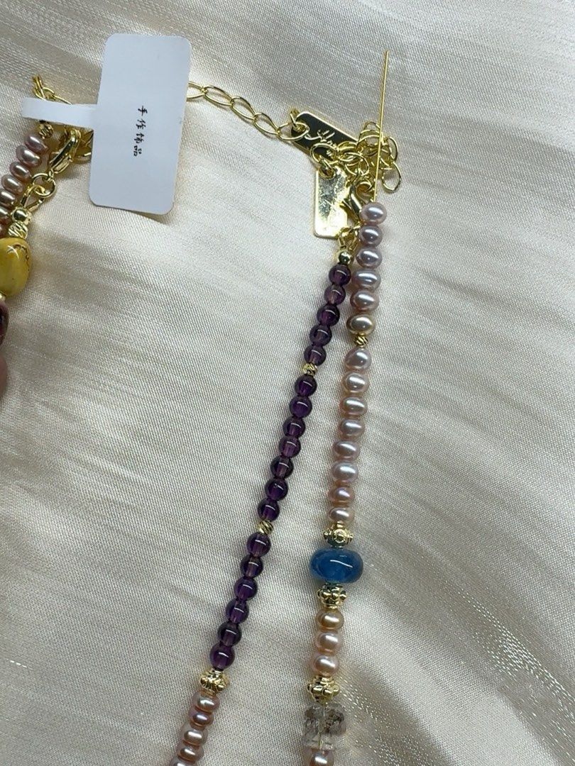 #PN621 Freshwater Pearl & Crystal Necklace |High-quality Amethyst Cube| Faceted Citrine Cube| Champagne Coin Pearl| Ocean Jasper Freeform | Big Golden Amber Freeform