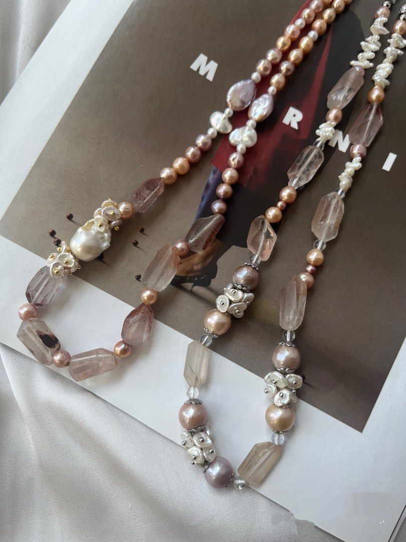 #PN622 [Floral Series] Freshwater Pearl Necklace | Wrinkled Fishtail Baroque Pearl | Natural Crystal Freeform| Lustrous | Petal | Mixed Colours, Shapes
