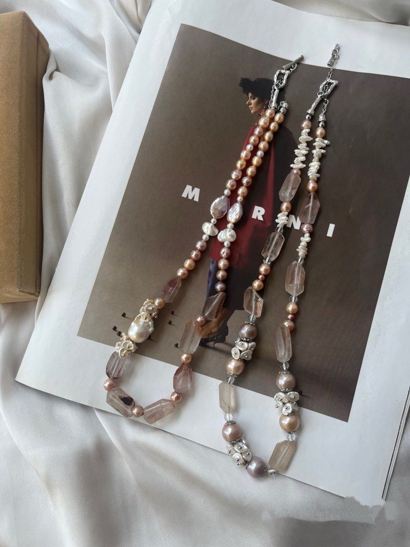 #PN622 [Floral Series] Freshwater Pearl Necklace | Wrinkled Fishtail Baroque Pearl | Natural Crystal Freeform| Lustrous | Petal | Mixed Colours, Shapes