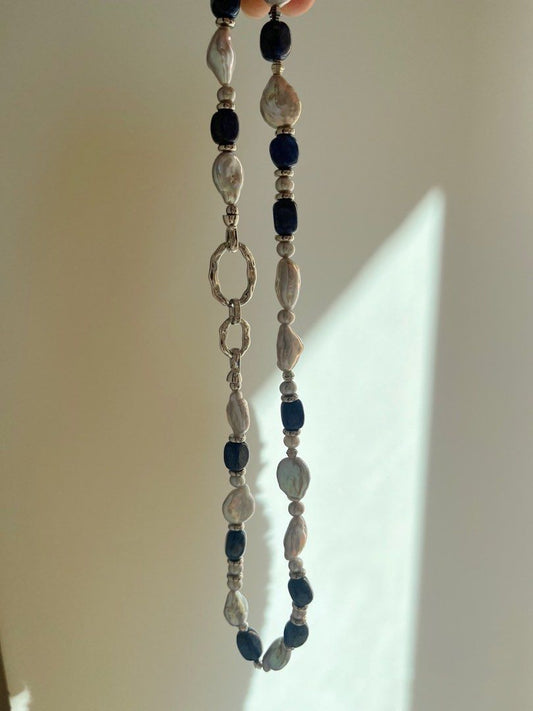 #PN625 Cosmic Lights| Freshwater Pearl Necklace & Bracelet Set| Elec-Treated Colour | Lapis Lazuli Square | Water-drop Pearl