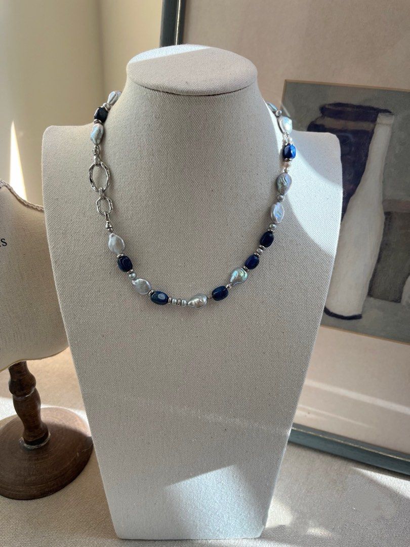 #PN625 Cosmic Lights| Freshwater Pearl Necklace & Bracelet Set| Elec-Treated Colour | Lapis Lazuli Square | Water-drop Pearl