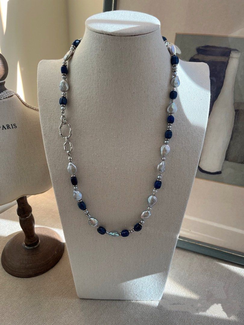 #PN625 Cosmic Lights| Freshwater Pearl Necklace & Bracelet Set| Elec-Treated Colour | Lapis Lazuli Square | Water-drop Pearl
