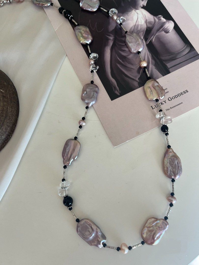 #PN629 Freshwater Pearl Necklace | Long Necklace | 75cm| Metallic Purple Rectangle Pearl | Clear Quartz | Black Agate