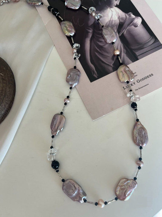 #PN629 Freshwater Pearl Necklace | Long Necklace | 75cm| Metallic Purple Rectangle Pearl | Clear Quartz | Black Agate