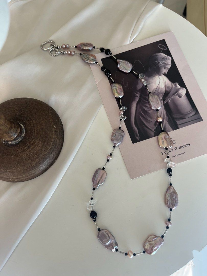 #PN629 Freshwater Pearl Necklace | Long Necklace | 75cm| Metallic Purple Rectangle Pearl | Clear Quartz | Black Agate