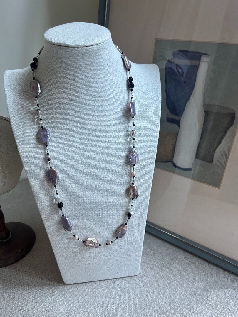 #PN629 Freshwater Pearl Necklace | Long Necklace | 75cm| Metallic Purple Rectangle Pearl | Clear Quartz | Black Agate