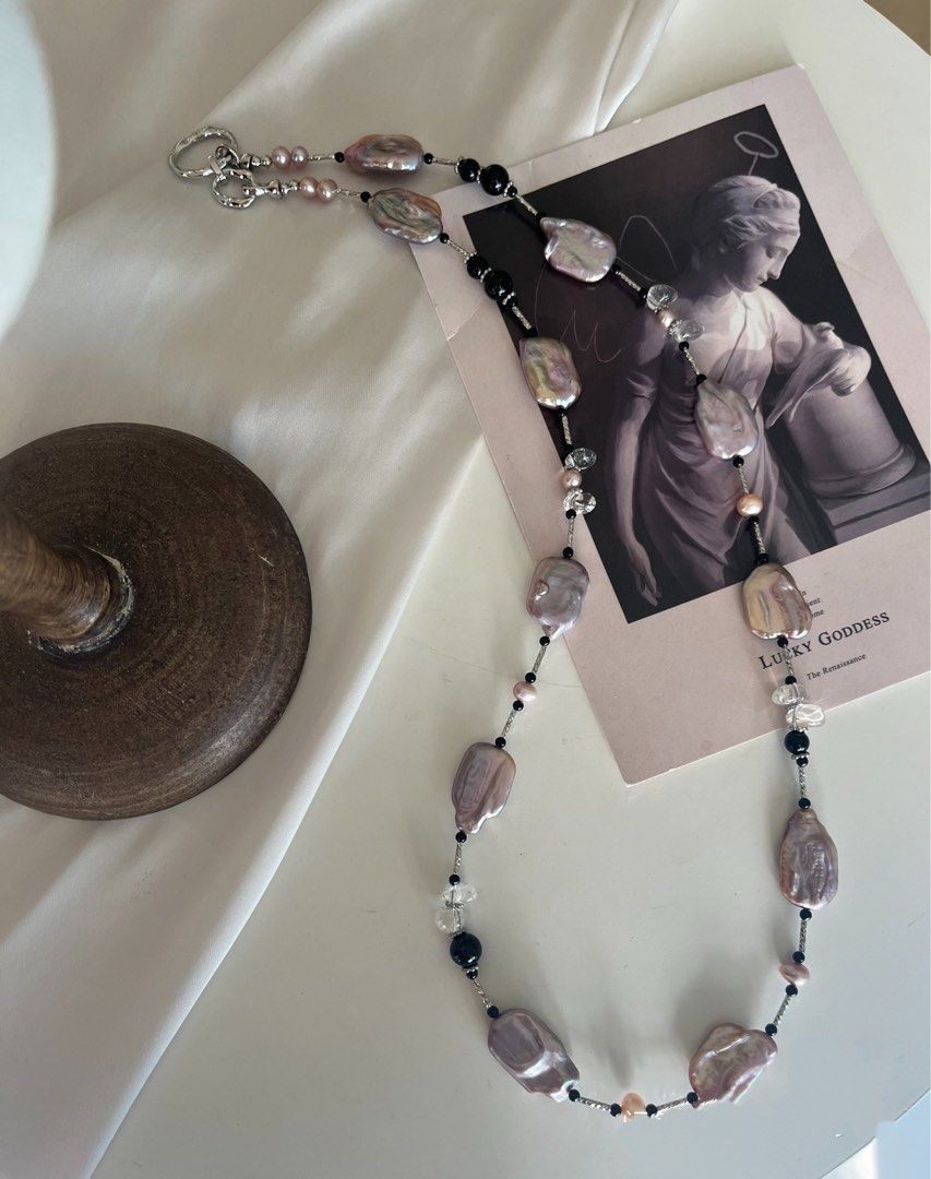 #PN629 Freshwater Pearl Necklace | Long Necklace | 75cm| Metallic Purple Rectangle Pearl | Clear Quartz | Black Agate