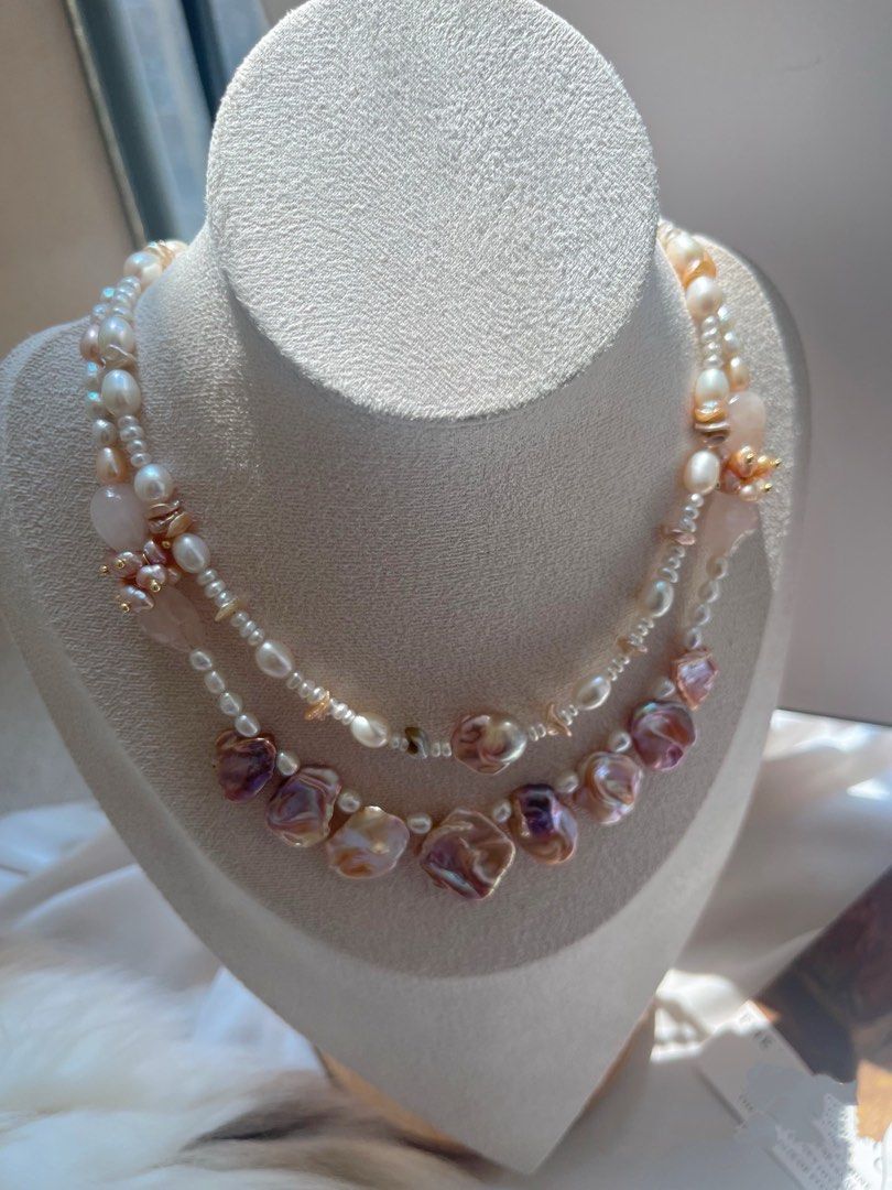 #PN631 [Floral Series] Freshwater Pearl Necklace & Bracelet Set | Chunky Rice Pearl| Layered Petal| Lustrous Big Colorful Petal| Rose Quartz Skull
