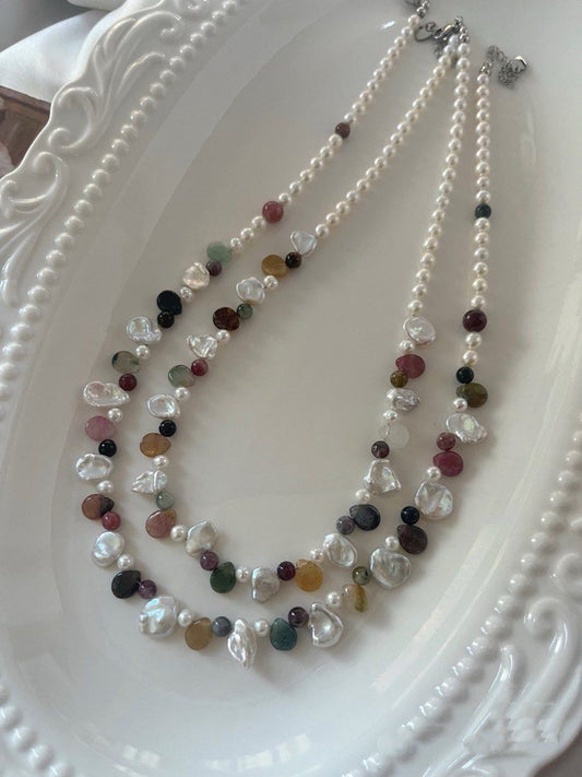 #PN632 Freshwater Pearl Necklace | Petal Pearl & Teardrop Tourmaline | Baby Pearl | Colourful