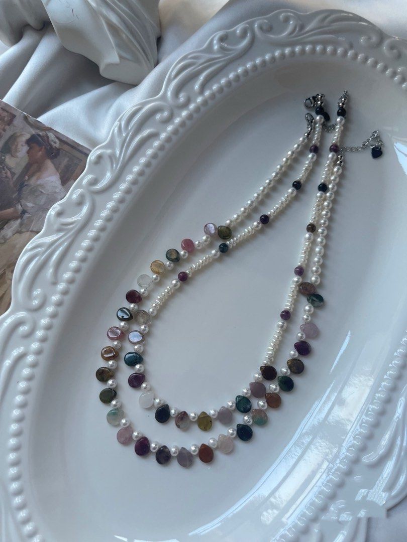 #PN632 Freshwater Pearl Necklace | Petal Pearl & Teardrop Tourmaline | Baby Pearl | Colourful