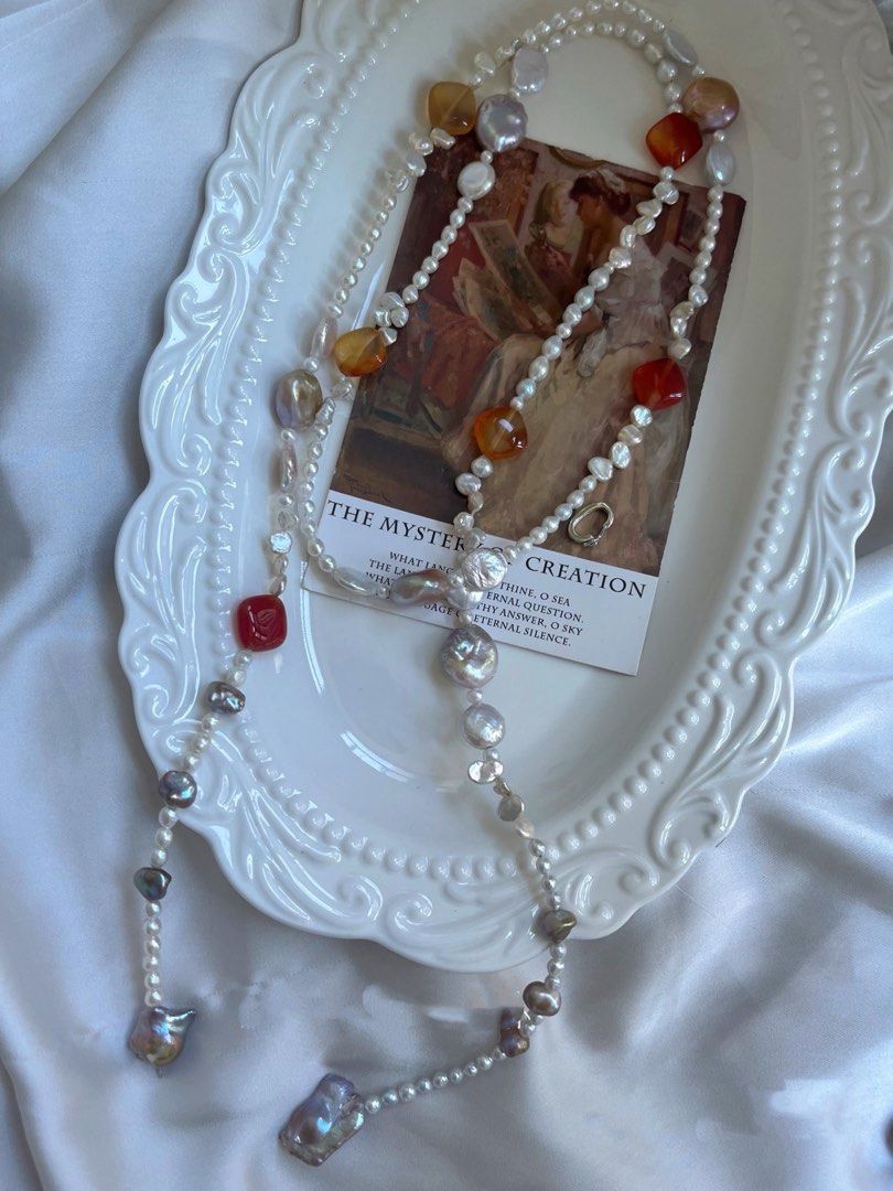 #PN634 Freshwater Pearl Necklace | Baby Petals Baroque Pearl | Silver Blue Big Square | Magic Old Coin Pearl| Colourful Agate Square | Ancient Silver Stone Pearl