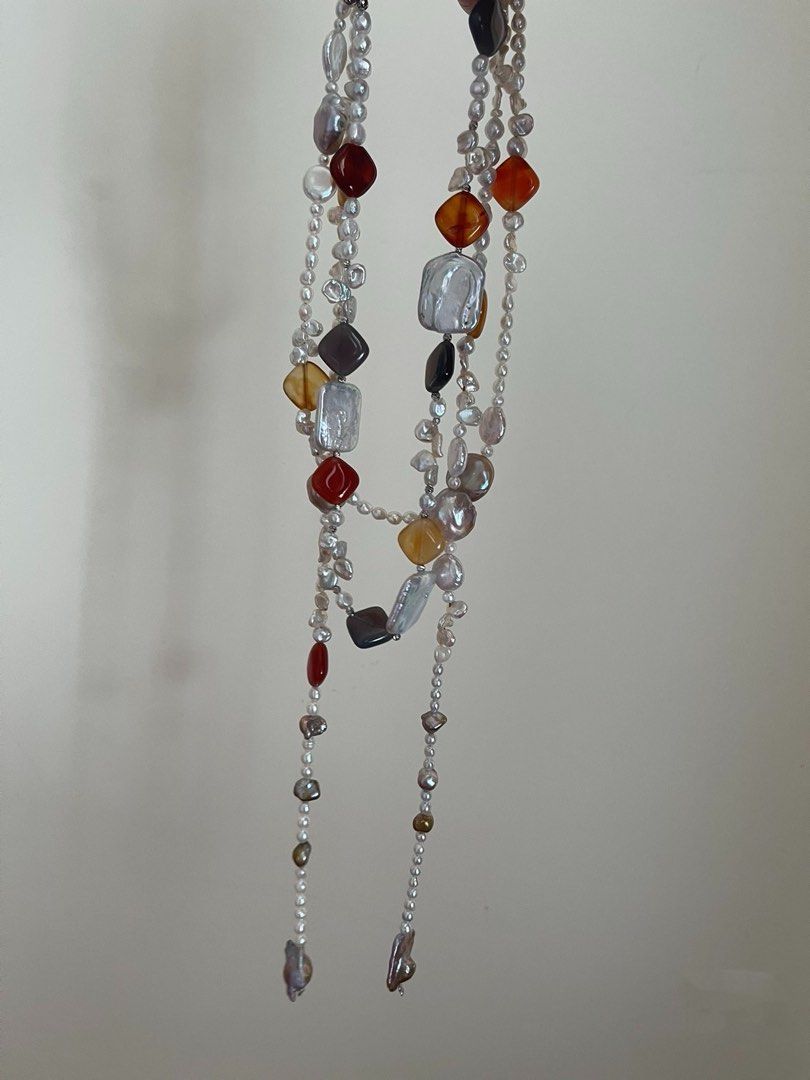 #PN634 Freshwater Pearl Necklace | Baby Petals Baroque Pearl | Silver Blue Big Square | Magic Old Coin Pearl| Colourful Agate Square | Ancient Silver Stone Pearl