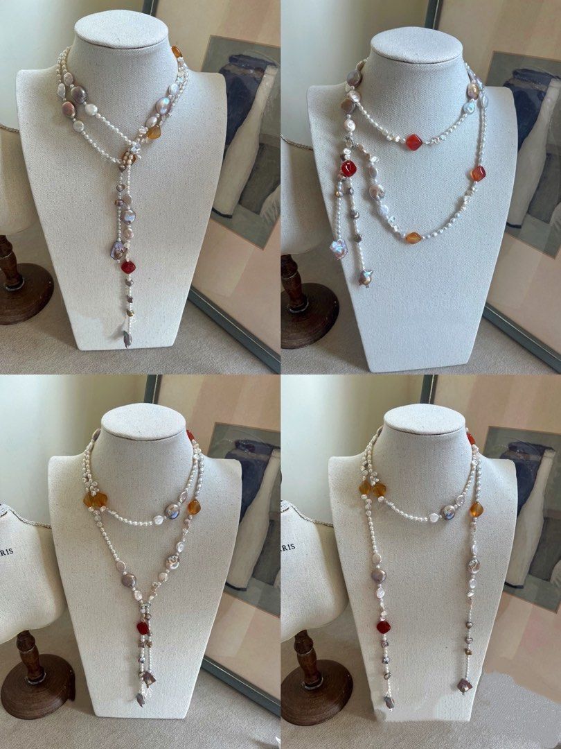 #PN634 Freshwater Pearl Necklace | Baby Petals Baroque Pearl | Silver Blue Big Square | Magic Old Coin Pearl| Colourful Agate Square | Ancient Silver Stone Pearl