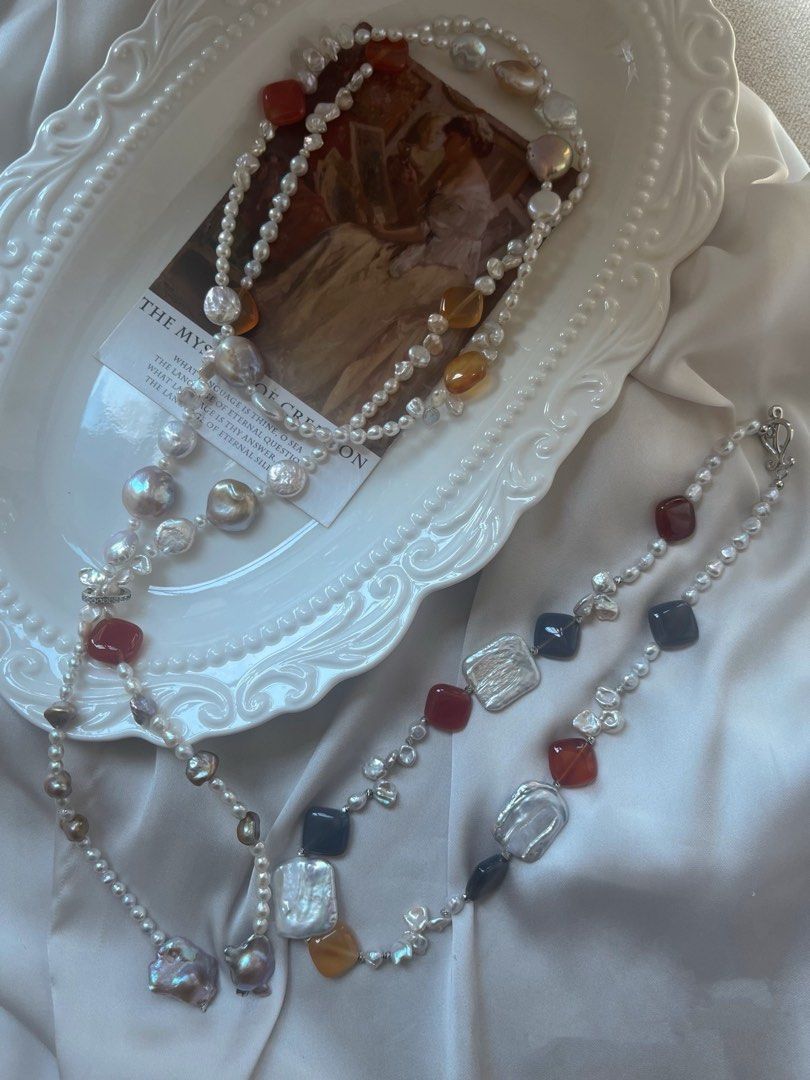 #PN634 Freshwater Pearl Necklace | Baby Petals Baroque Pearl | Silver Blue Big Square | Magic Old Coin Pearl| Colourful Agate Square | Ancient Silver Stone Pearl