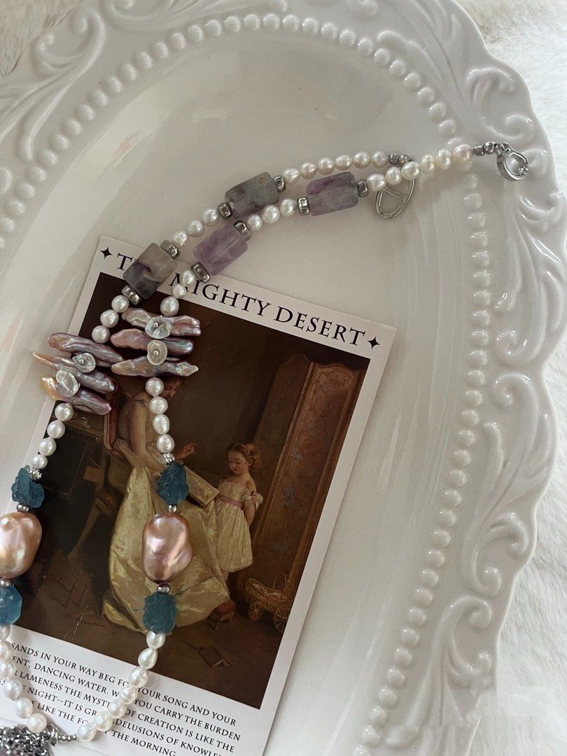 #PN635 Freshwater Pearl Necklace | Raw Stone Aquamarine | Fluorite Barrel | Lustrous Baroque Pearl| Dangling Pendant| Unique Design| Petal on Lute