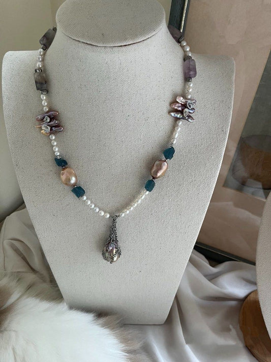 #PN635 Freshwater Pearl Necklace | Raw Stone Aquamarine | Fluorite Barrel | Lustrous Baroque Pearl| Dangling Pendant| Unique Design| Petal on Lute
