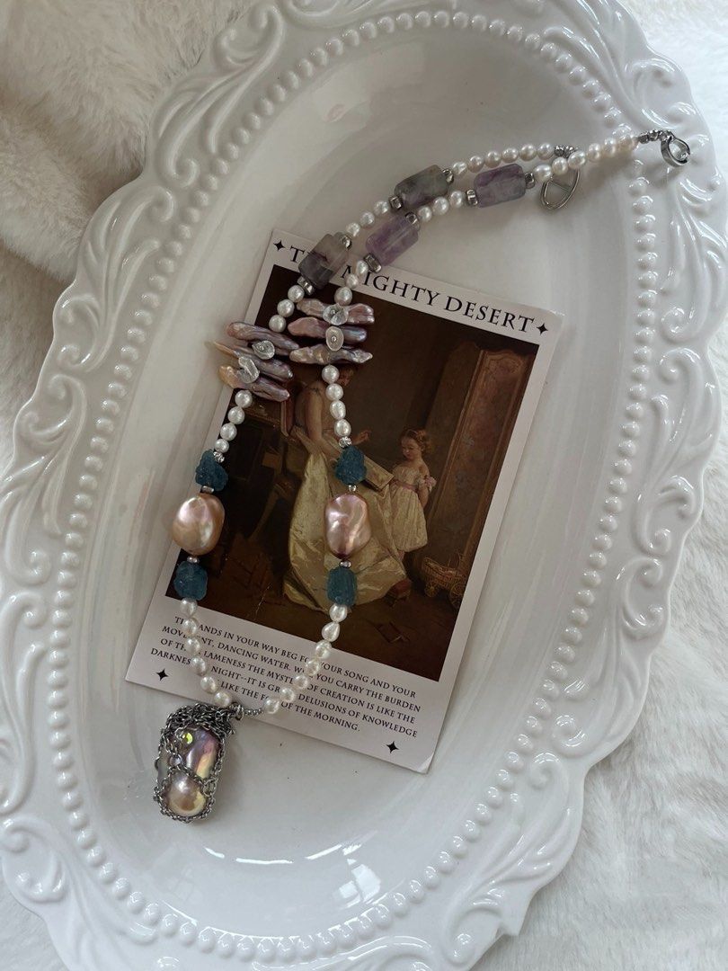 #PN635 Freshwater Pearl Necklace | Raw Stone Aquamarine | Fluorite Barrel | Lustrous Baroque Pearl| Dangling Pendant| Unique Design| Petal on Lute