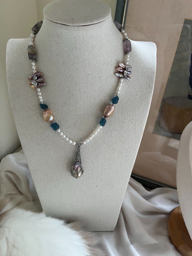 #PN635 Freshwater Pearl Necklace | Raw Stone Aquamarine | Fluorite Barrel | Lustrous Baroque Pearl| Dangling Pendant| Unique Design| Petal on Lute
