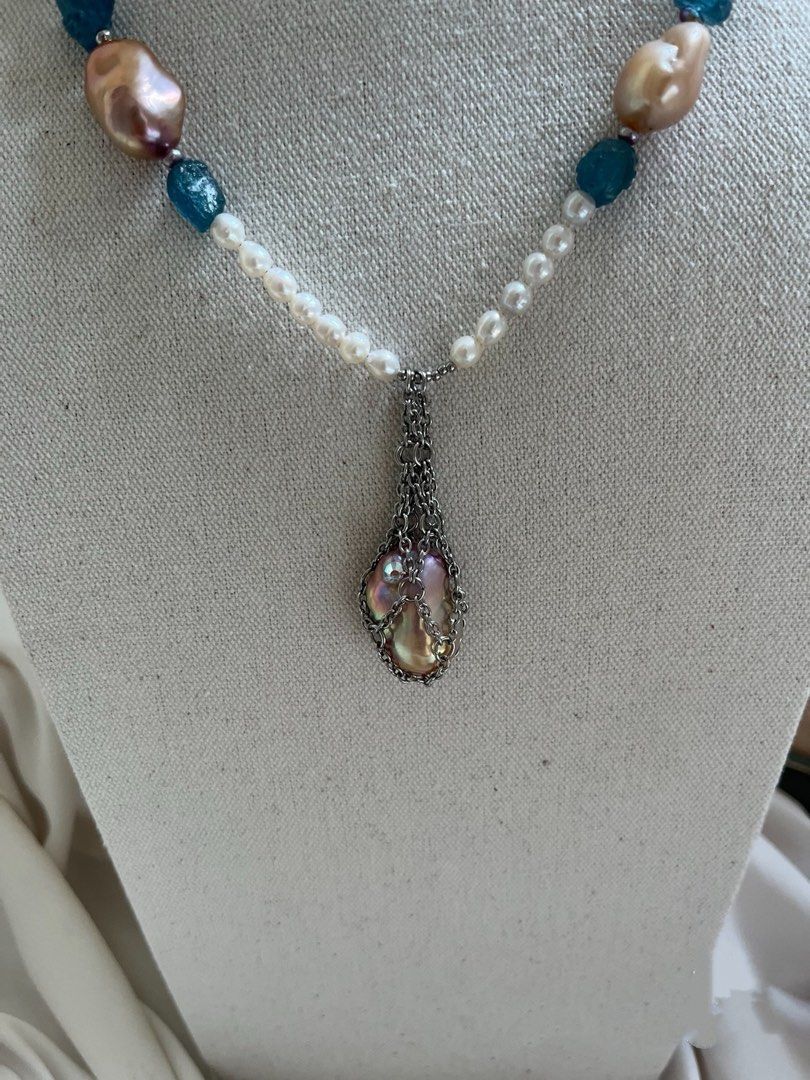 #PN635 Freshwater Pearl Necklace | Raw Stone Aquamarine | Fluorite Barrel | Lustrous Baroque Pearl| Dangling Pendant| Unique Design| Petal on Lute