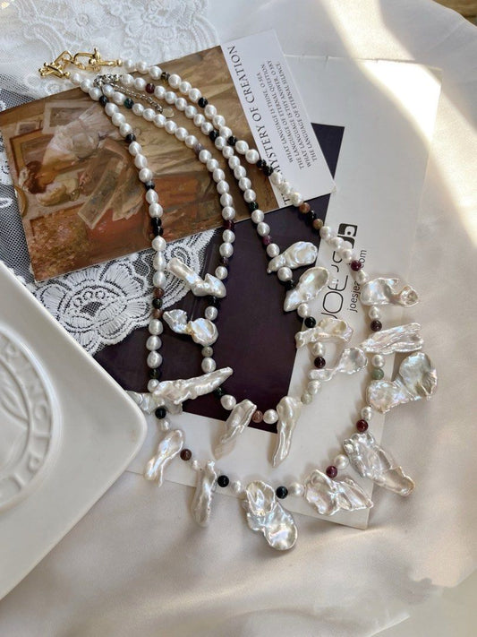 #PN637 Freshwater Pearl Necklace | Cold-light Irregular Shaped Big Petal Pearl | Tourmaline