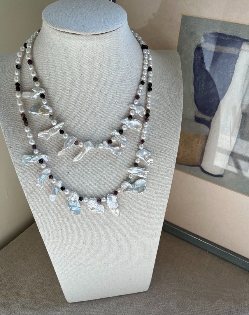 #PN637 Freshwater Pearl Necklace | Cold-light Irregular Shaped Big Petal Pearl | Tourmaline