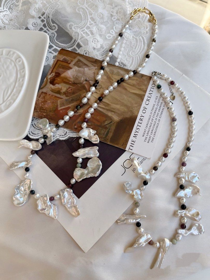 #PN637 Freshwater Pearl Necklace | Cold-light Irregular Shaped Big Petal Pearl | Tourmaline