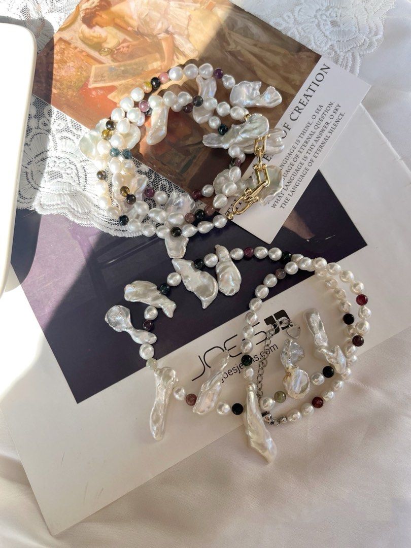 #PN637 Freshwater Pearl Necklace | Cold-light Irregular Shaped Big Petal Pearl | Tourmaline