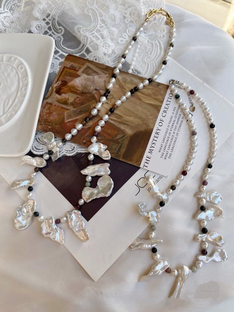 #PN637 Freshwater Pearl Necklace | Cold-light Irregular Shaped Big Petal Pearl | Tourmaline
