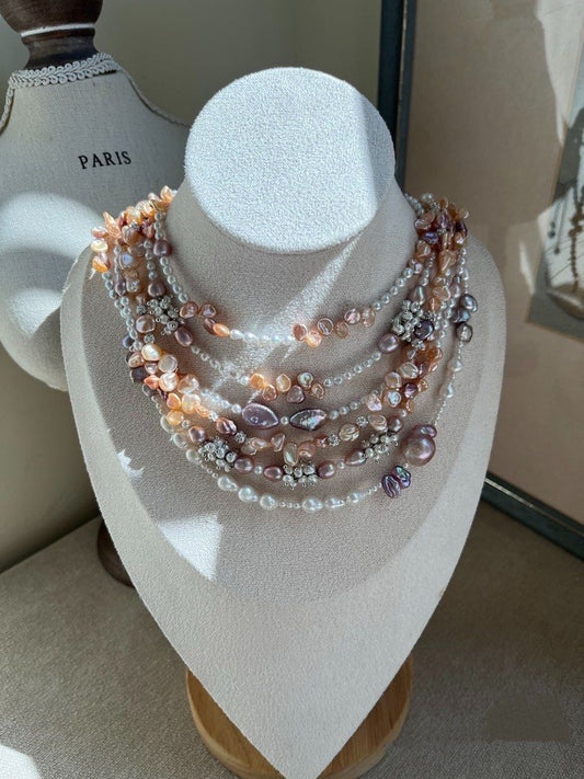 #PN638 [Floral Series] Freshwater Pearl Necklace | Peach Colour Baby Petal | Bow Tie| Baby Silver-white Pearl| Fish Shaped | Teeth Shaped Keshi