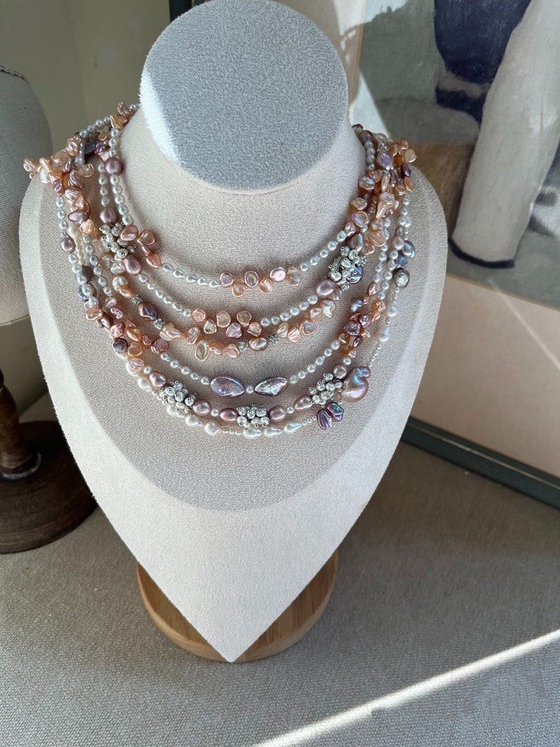 #PN638 [Floral Series] Freshwater Pearl Necklace | Peach Colour Baby Petal | Bow Tie| Baby Silver-white Pearl| Fish Shaped | Teeth Shaped Keshi