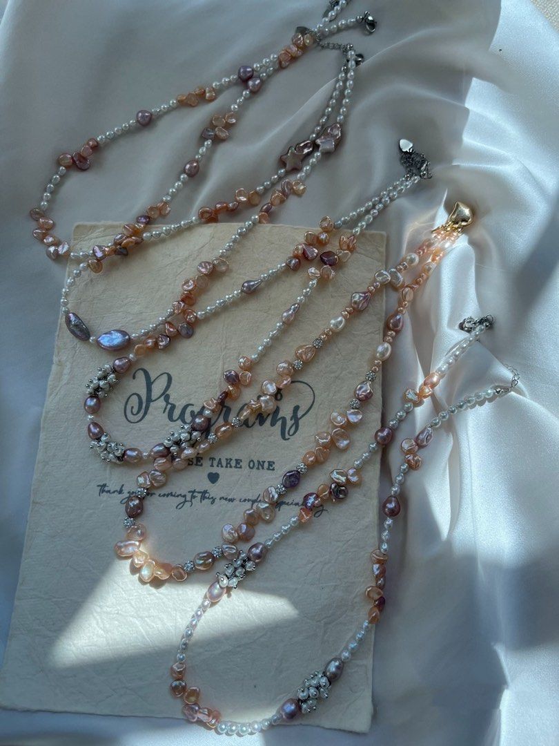 #PN638 [Floral Series] Freshwater Pearl Necklace | Peach Colour Baby Petal | Bow Tie| Baby Silver-white Pearl| Fish Shaped | Teeth Shaped Keshi