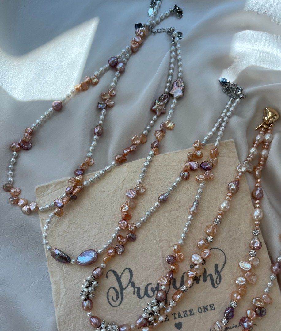 #PN638 [Floral Series] Freshwater Pearl Necklace | Peach Colour Baby Petal | Bow Tie| Baby Silver-white Pearl| Fish Shaped | Teeth Shaped Keshi