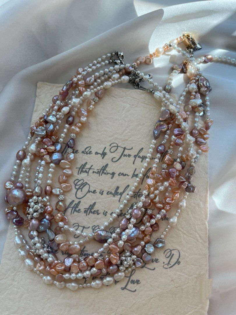 #PN638 [Floral Series] Freshwater Pearl Necklace | Peach Colour Baby Petal | Bow Tie| Baby Silver-white Pearl| Fish Shaped | Teeth Shaped Keshi