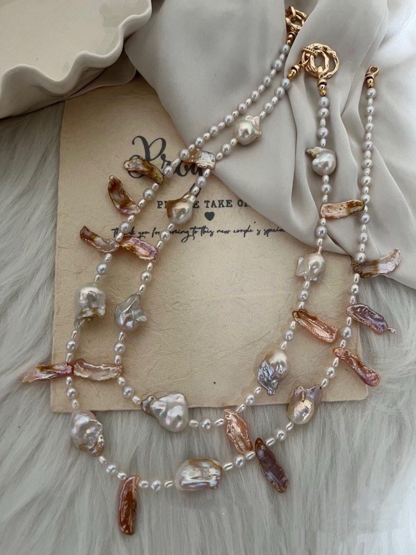 #PN641 Freshwater Pearl Necklace | Pink-golden Fishtail Baroque Pearl | Red-leaf Lute Pearl | Lustrous