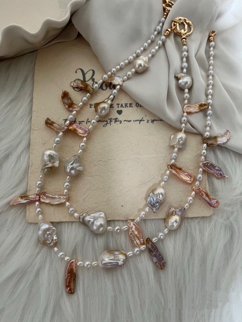 #PN641 Freshwater Pearl Necklace | Pink-golden Fishtail Baroque Pearl | Red-leaf Lute Pearl | Lustrous