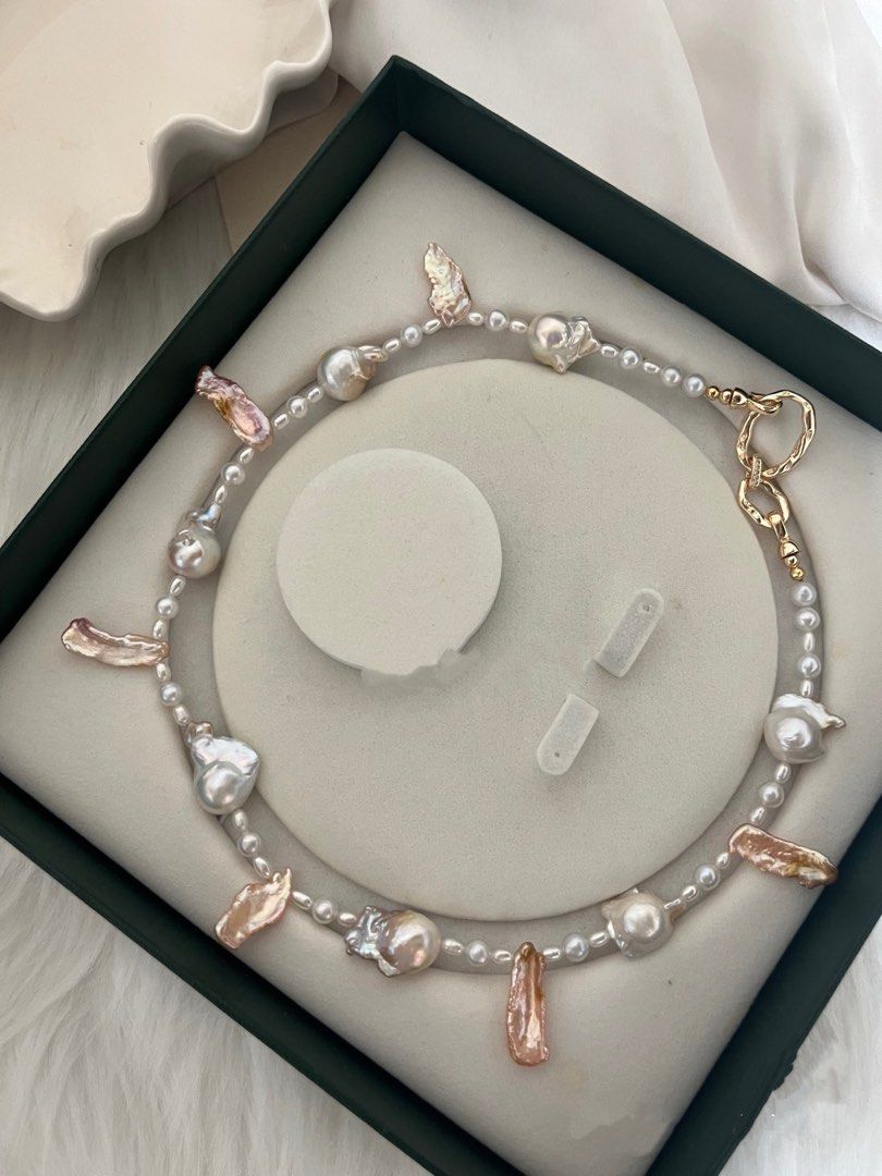 #PN641 Freshwater Pearl Necklace | Pink-golden Fishtail Baroque Pearl | Red-leaf Lute Pearl | Lustrous